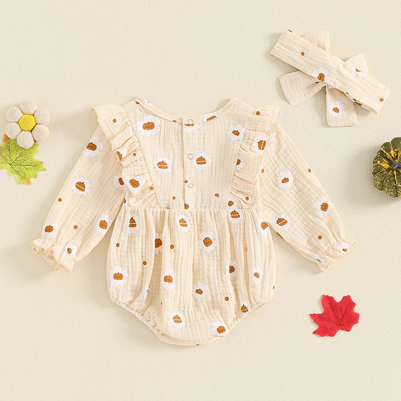 Baby Girls 2Pcs Halloween Thanksgiving Outfit Long Sleeve Pumpkin Flower Pie Print Romper with Headband Set