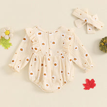 Load image into Gallery viewer, Baby Girls 2Pcs Halloween Thanksgiving Outfit Long Sleeve Pumpkin Flower Pie Print Romper with Headband Set
