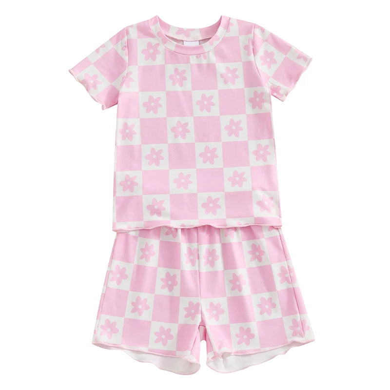 Baby Toddler Girls 2Pcs Outfit Floral Flower Checkered Print Short Sleeve Top with Elastic Waist Shorts Set