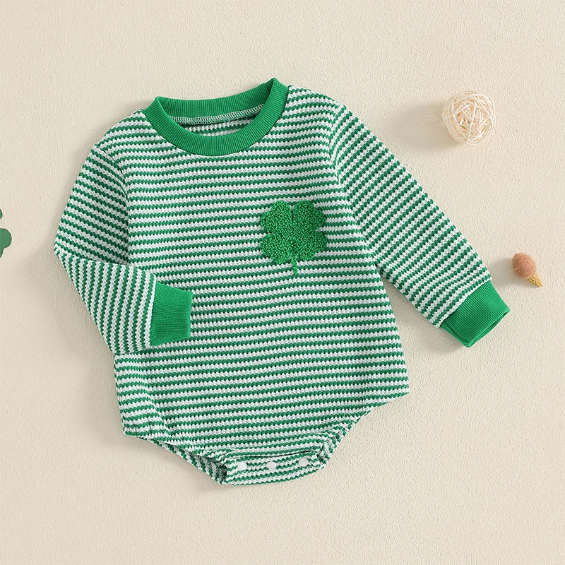 Baby Girls Boys St. Patrick's Day Romper Striped Four Leaf Clover Shamrock Waffle Long Sleeve Round Neck Jumpsuit