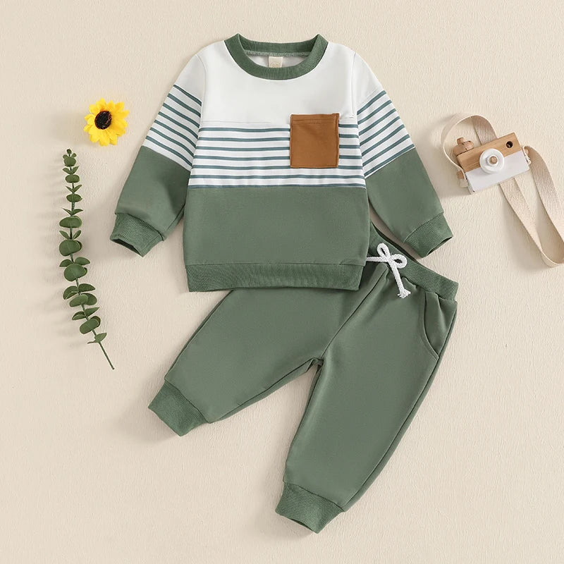 Baby Toddler Boys 2Pcs Outfit Long Sleeve Stripes Top with Elastic Waist Pants Fall Jogger Set