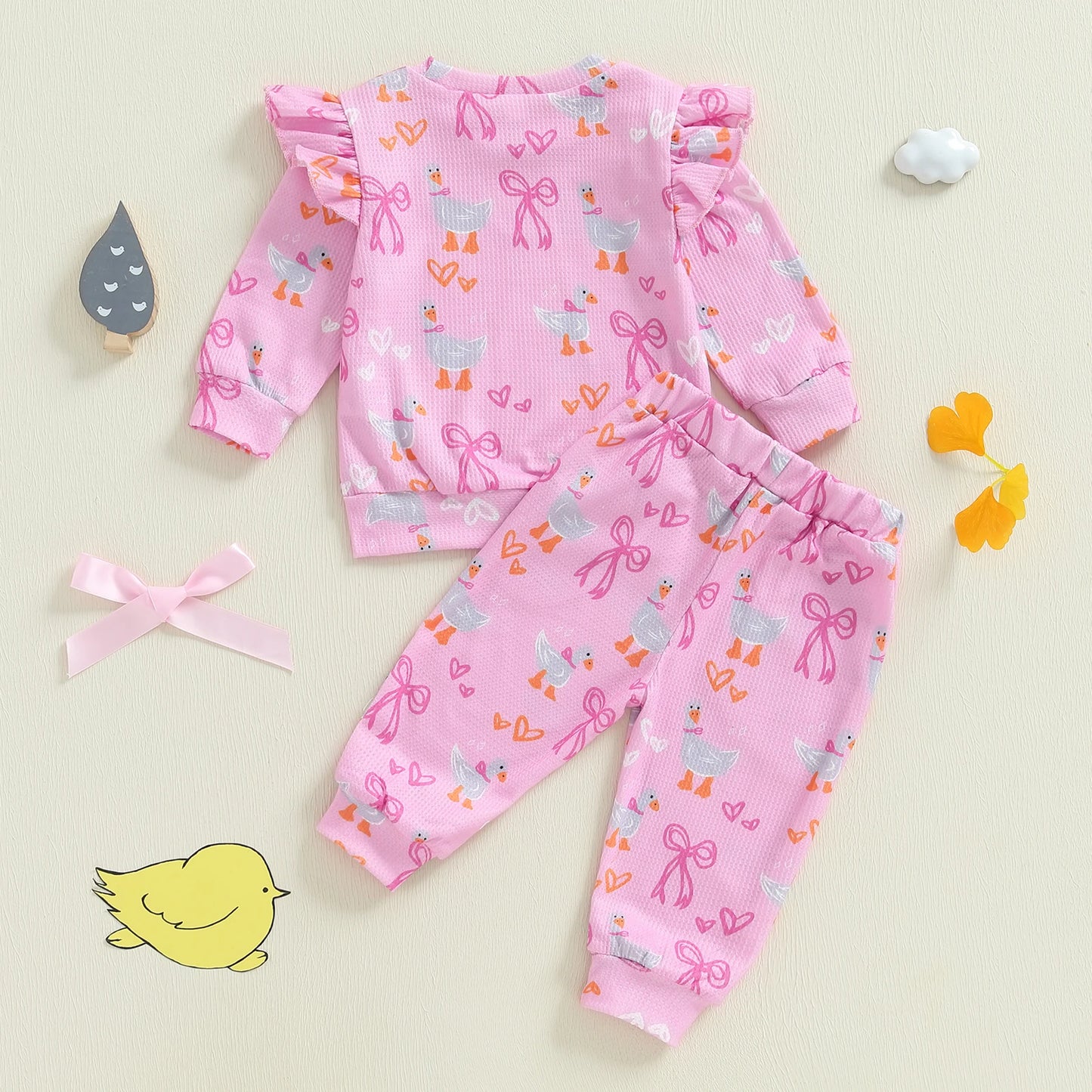 Baby Toddler Girls 2Pcs Fall Outfit Goose Bow Print Long Sleeve Round Neck Pullover Elastic Waist Pants Jogger Set