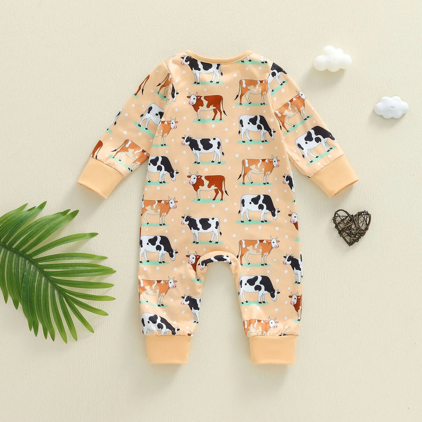 Baby Boy Girl Cow Printed Romper Fashionable Round Neck Long Sleeve Fall Spring Zipper Jumpsuits