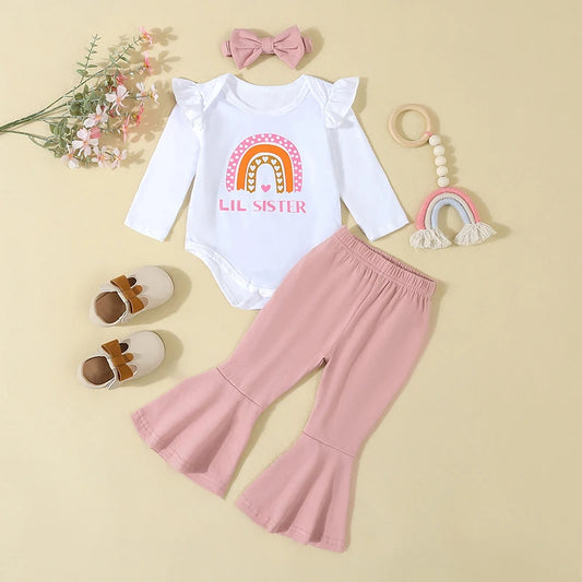 Baby Girls 3Pc Lil Sister Fall Outfit Rainbow Letter Print Long Sleeve Romper Elastic Waist Flare Pants Bow Headband Set