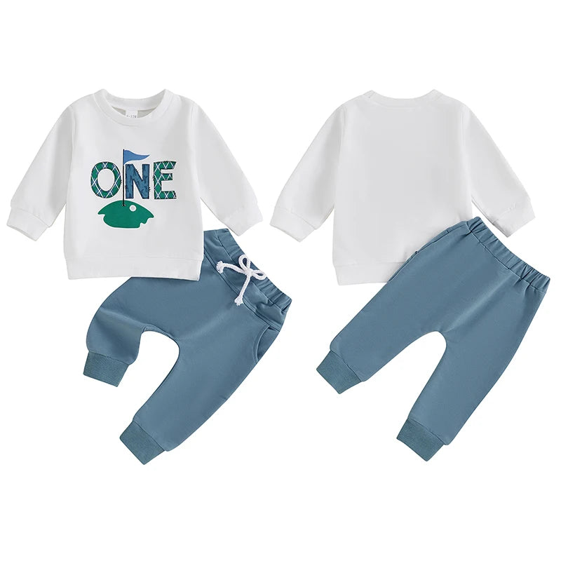 Baby Boys Girls 2Pcs ONE year old Birthday Outfit Golf Letter Print Long Sleeve Crewneck Top and Elastic Pants Set for Fall