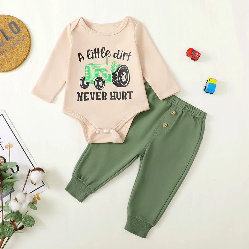 Baby Boys 2Pcs A Little Dirt Never Hurt Outfit Long Sleeve Letter Palm Hand Letter Tractor Print Romper Solid Color Pants Set