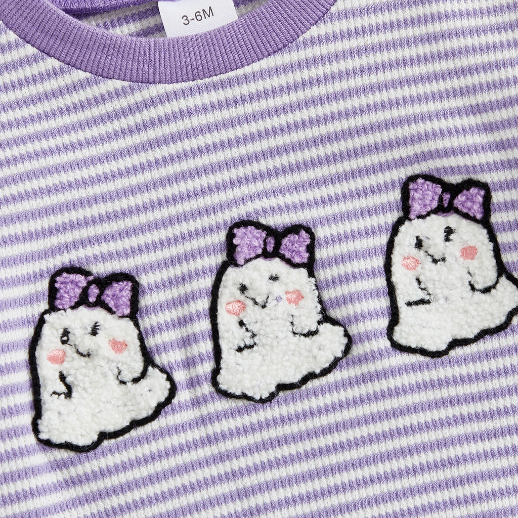 Baby Girls Boys Halloween Striped Romper Pumpkin/Ghost Embroidery Long Sleeve Jumpsuit