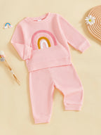 Baby Toddler Girls 2Pcs Fall Set Fashionable Rainbow Embroidery Long Sleeve Pullover Top with Jogger Pants Outfit
