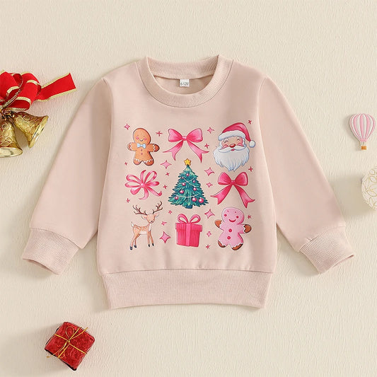 Baby Toddler Girls Christmas Long Sleeve Crew Neck Bow Gingerbread Man Santa Tree Print Pullover Top