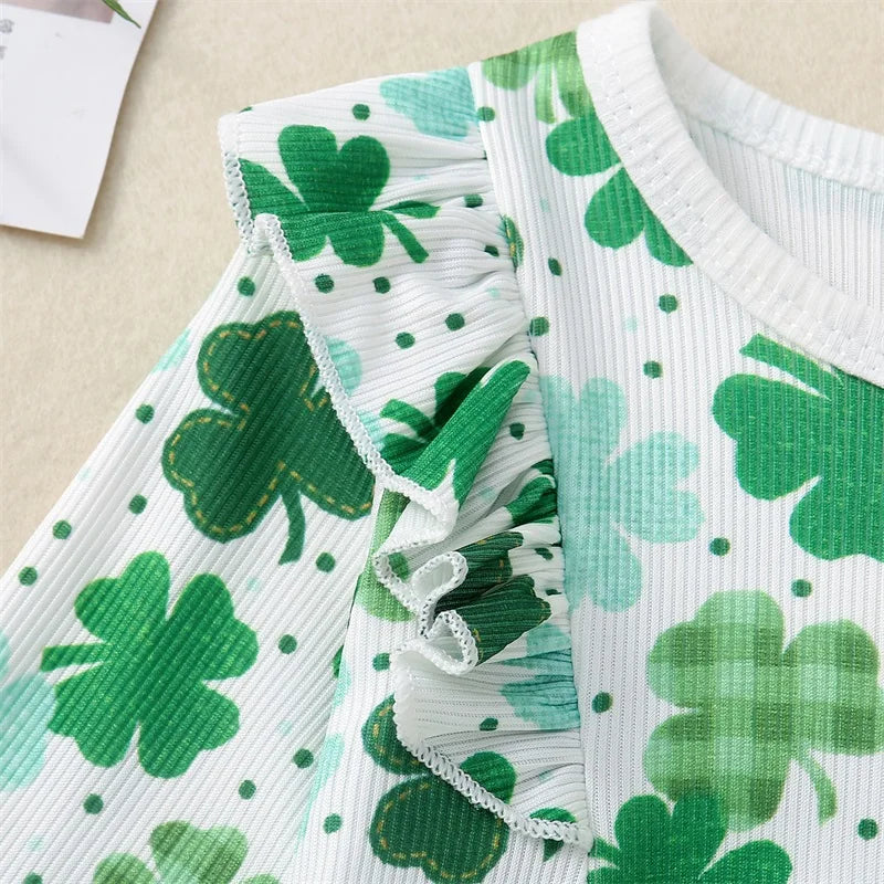 Baby Toddler Girl St. Patrick's Day Outfits Shamrock Clover Print Ruffle Romper Lucky Charm Jumpsuit