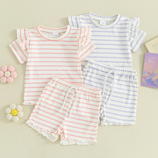 Toddler Baby Girl 2Pcs Summer Stripes Outfit Waffle Frilly Short Sleeve Top Shorts Set