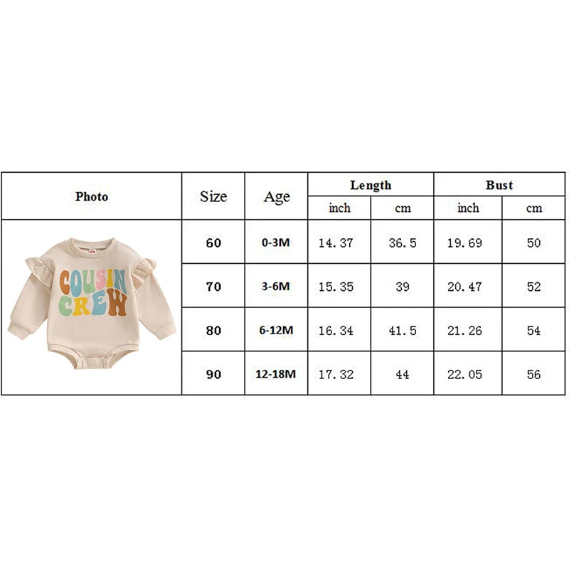 Baby Girls Cousin Crew Fall Romper Letter Print Round Neck Ruffled Long Sleeve Bubble Jumpsuit