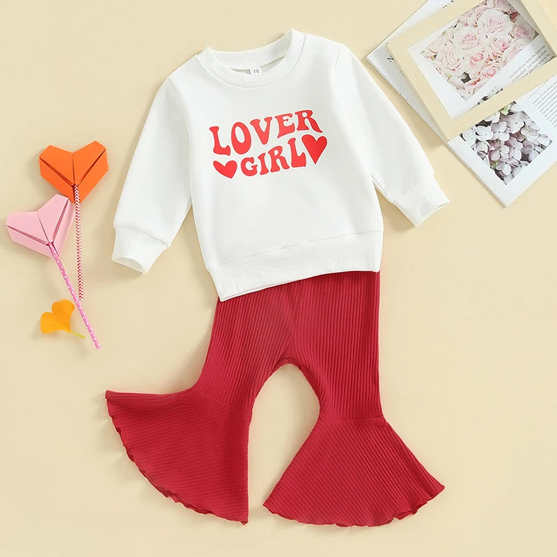 Baby Toddler Girl 2Pcs Valentine's Day Outfit Lover Girl Letters Heart Print Pullover Top Red Flare Pants Bell Bottoms Set Clothes