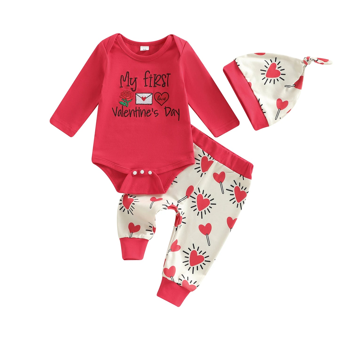 Baby Boy Girl 3Pcs My First Valentine's Day Outfit Letter Print Long Sleeve Romper Heart Candy Pattern Long Pants and Hat 3Pcs Set