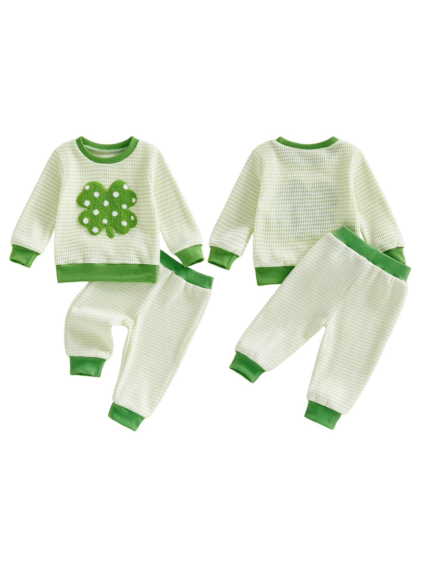 Baby Toddler Boys Girls 2Pcs Irish Clothing Set Fashionable Long Sleeve Shamrock Embroidery Pullover Top with Pants St. Patrick's Day Outfit Jogger Set