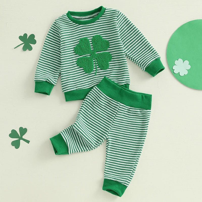 Baby Toddler Girls Boys 2Pcs St. Patrick's Day Outfit Long Sleeve Shamrock Four Leaf Clover Embroidery Crewneck Top + Stripes Jogger Pants Set Spring Clothes