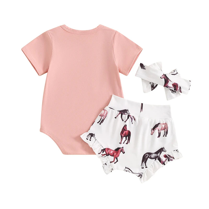 Baby Girls 3Pcs Summer Set Short Sleeve Romper Western Horse Print Bloomers Shorts Headband Set Outfit