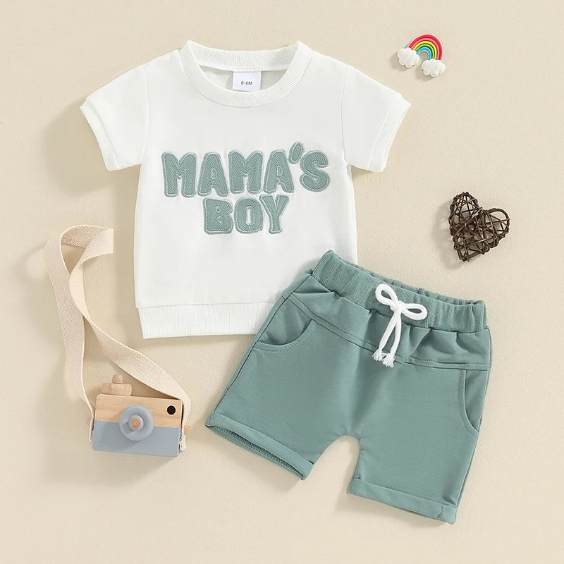 Toddler Baby Boy 2Pcs Mama's Boy Letter Embroidery Short Sleeve Top Solid Shorts Outfit Set