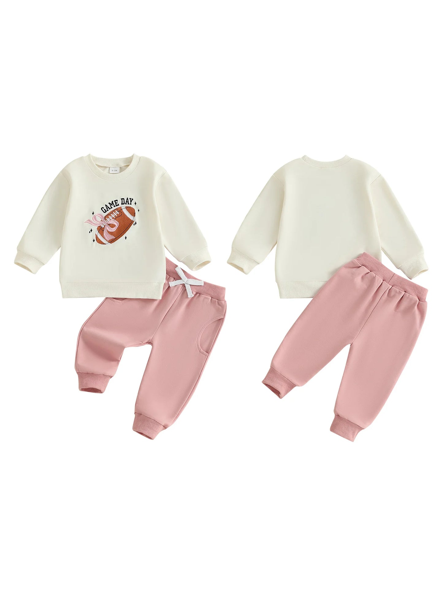 Baby Toddler Girls 2Pcs Game Day Fall Outfits Long Sleeve Bow Football Embroidery Top Jogger Pants Set Clothes