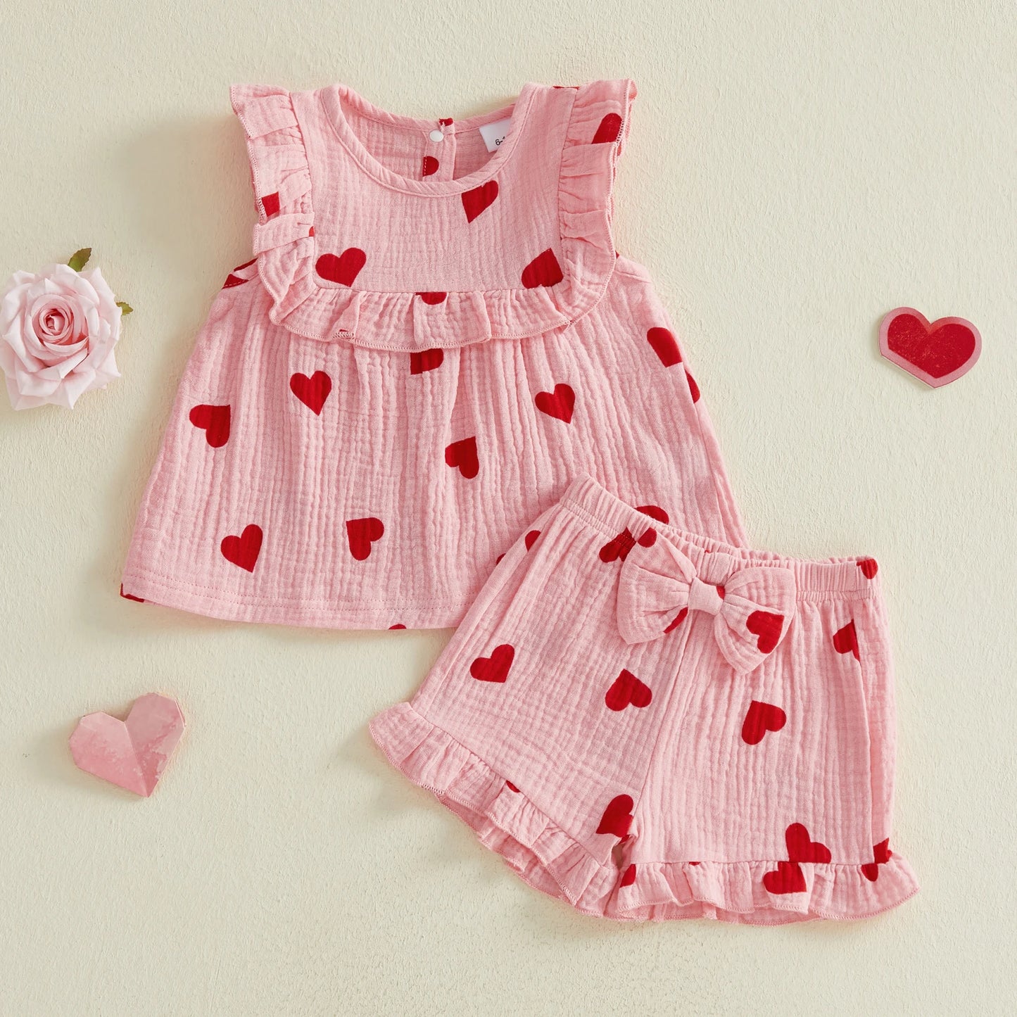 Baby toddler Girls 2Pcs Valentine's Day Outfit Love Heart Print Ruffled Trim Crew Neck Sleeveless Top and Bow Shorts Set