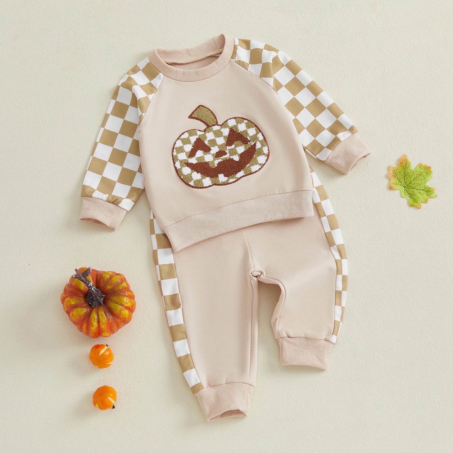 Toddler 2Pcs Baby Boy Halloween Outfits Long Sleeve Checked Pumpkin Embroidery Sweatshirt + Pants Set Clothes