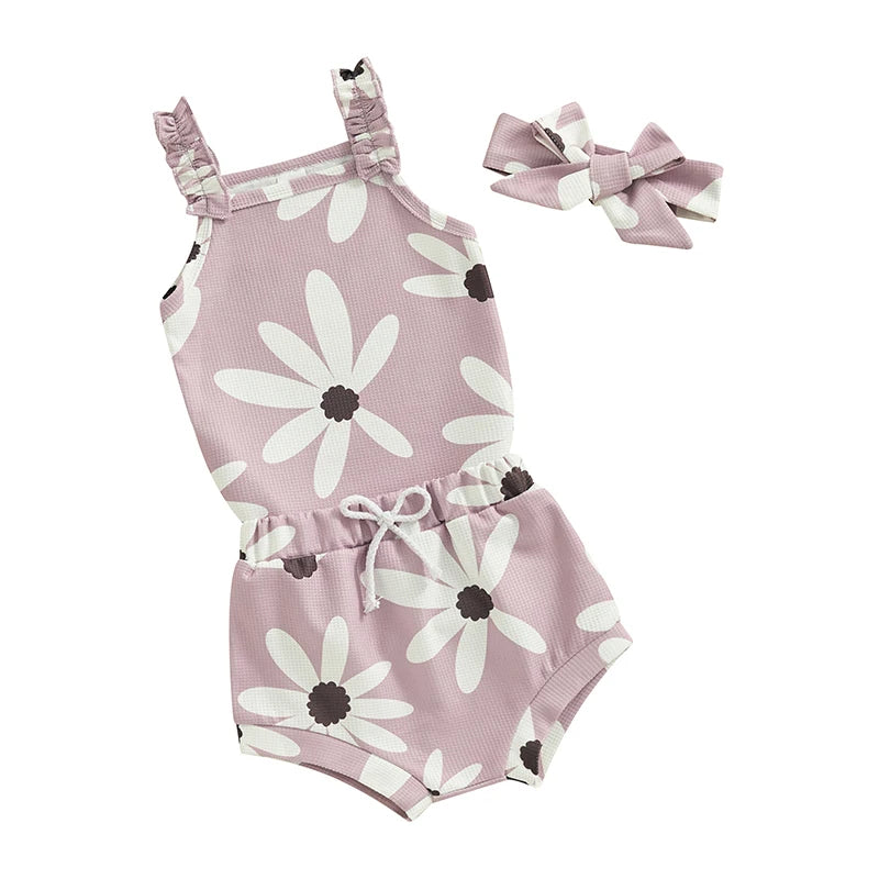 Baby Toddler 3Pcs Girl Summer Clothes Waffle Floral Sleeveless Tank Top Flower Print Strap Romper Shorts Headband Outfit Set