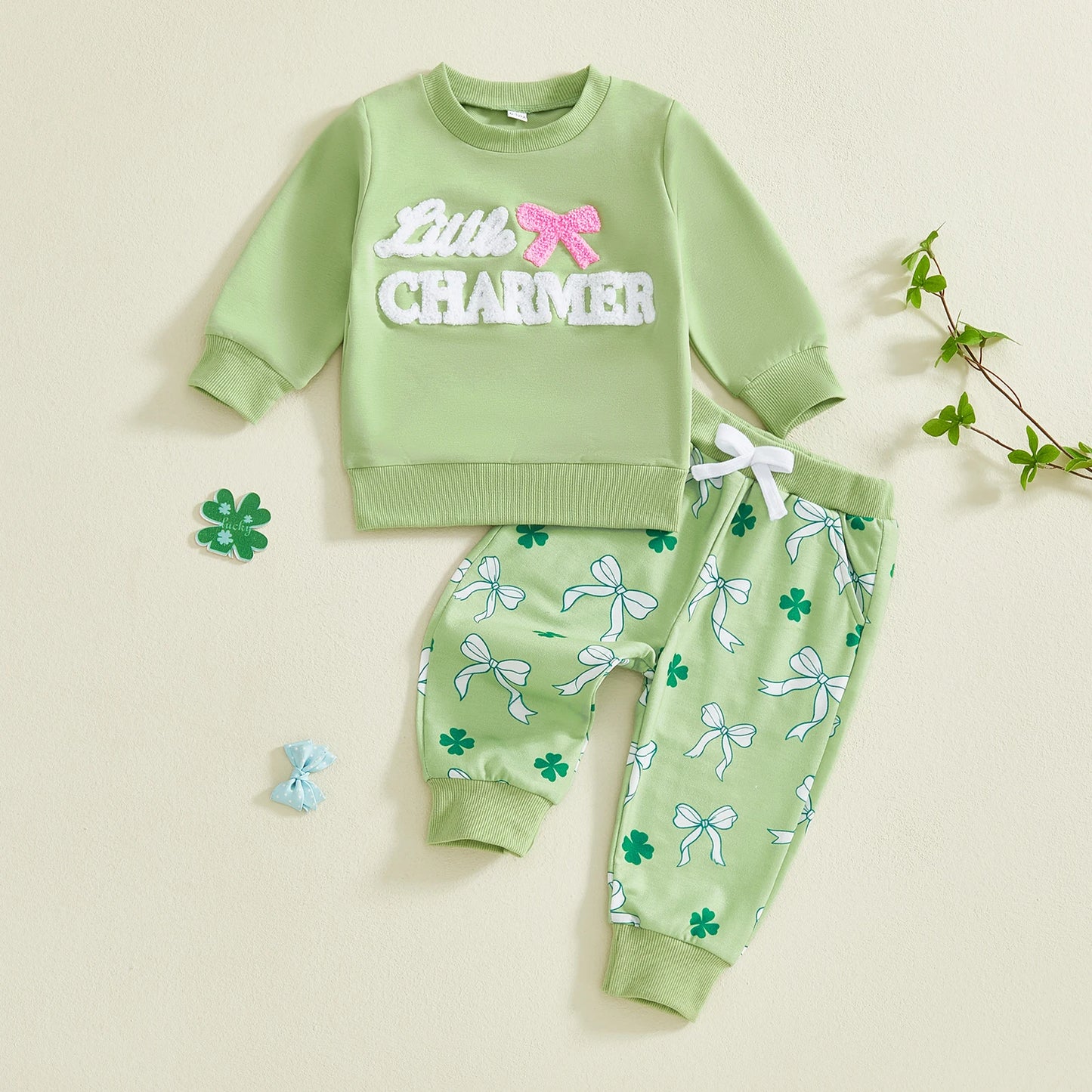 Baby Toddler Girls 2Pcs Little Charmer St. Patrick's Day Long Sleeve O Neck Letter Bow Embroidery Top Bow Clover Print Pants Jogger Set
