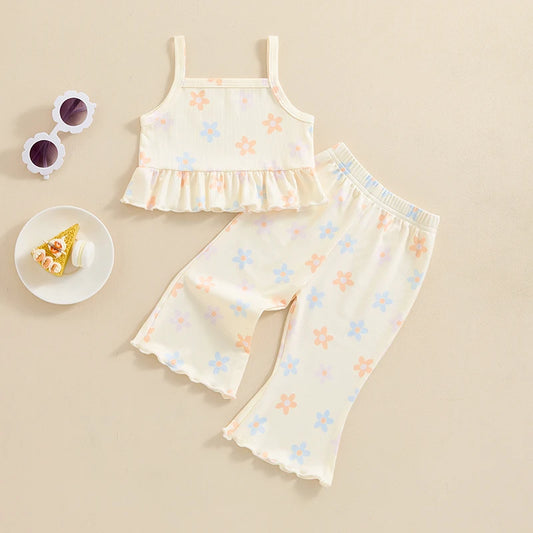 Baby Toddler Girls 2Pcs Clothes Set Flower Print Sleeveless Tank Top Camisole with Flare Pants Summer Outfit