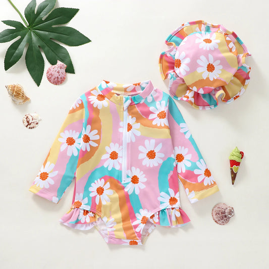Baby Toddler Girls 2Pcs Romper Swimsuit Long Sleeve Ruffles Flowers Printed Zipper Beach Swimwear Bathing Suit + Hat Set