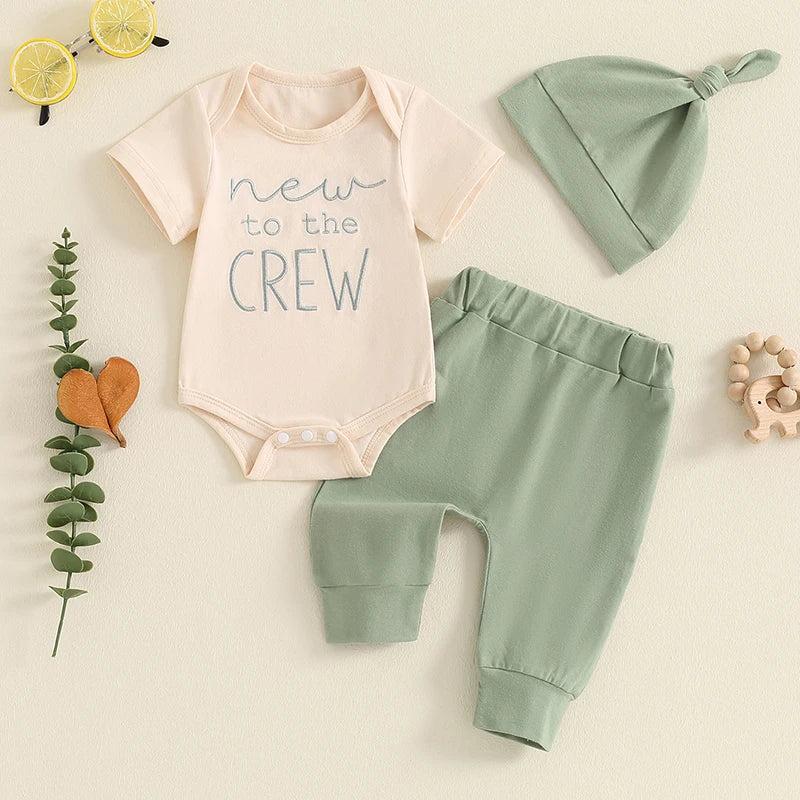 Baby Boy 3Pcs New To The Crew Outfit Letter Short Sleeve Romper with Solid Color Pants and Hat Set