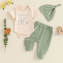 Load image into Gallery viewer, Baby Boy 3Pcs New To The Crew Outfit Letter Short Sleeve Romper with Solid Color Pants and Hat Set
