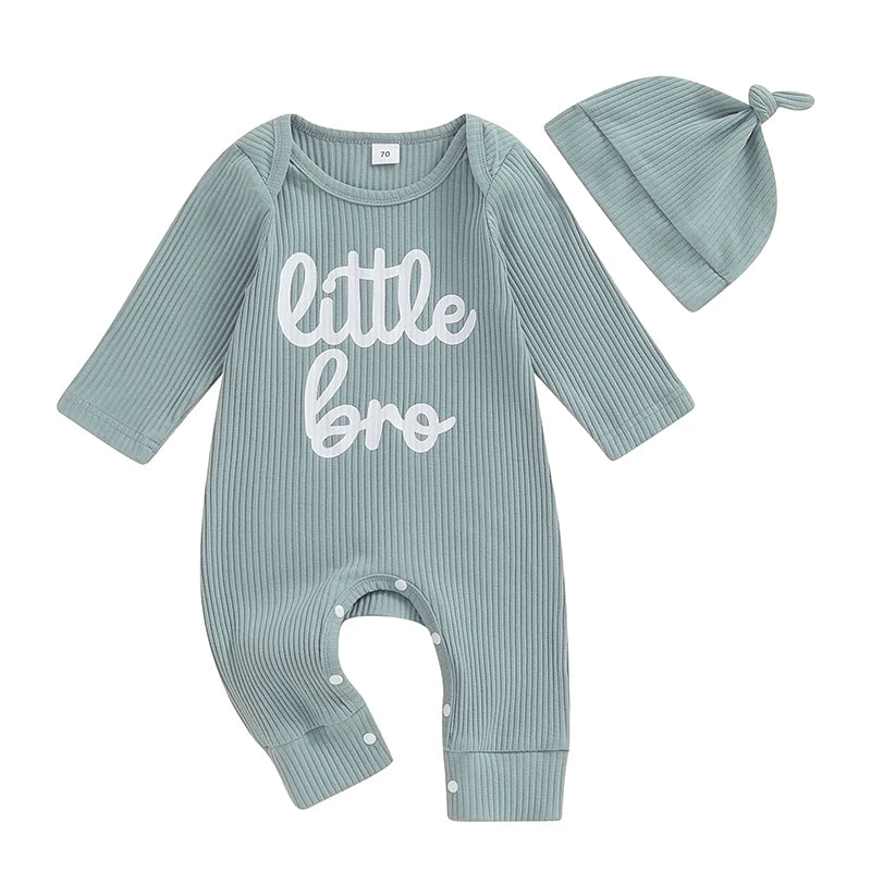 Baby Boys 2Pcs Little Bro Jumpsuit Set Long Sleeve Crew Neck Letters Print Romper with Hat Fall Outfit