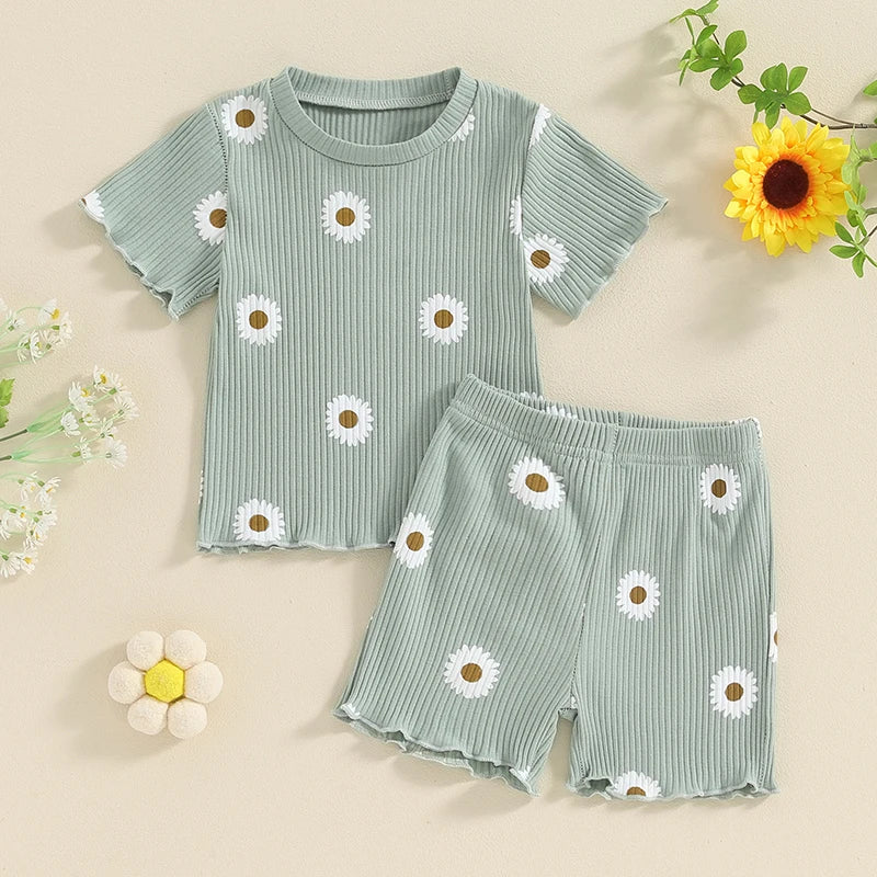 Toddler Baby Girl 2Pcs Spring Summer Flower Butterfly Print Clothes Ruffle Ribbed Short Sleeve Tops + Matching Shorts Outfit Set