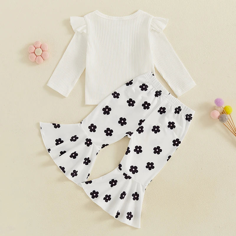 Baby Toddler Girl 2Pcs Fall Outfit Long Sleeve Ruffle Top + Floral Flower Flare Pants Set