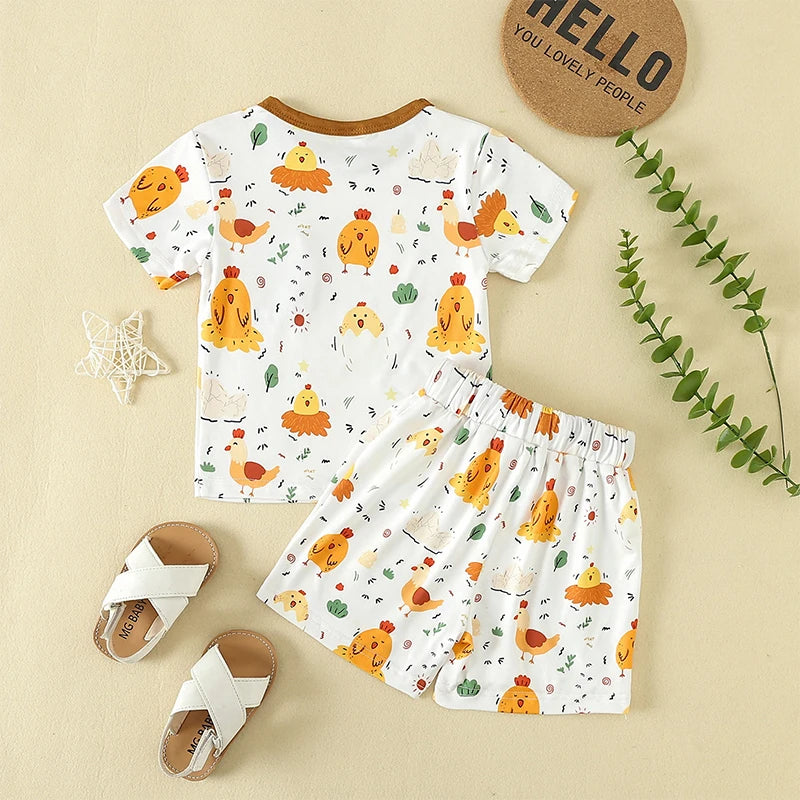 Baby Toddler Boy Girl 2Pcs Spring Summer Clothes Cute Farm Animals Chicken Chick Tractor Print Outfit Set Short Sleeve Cartoon Top and Shorts