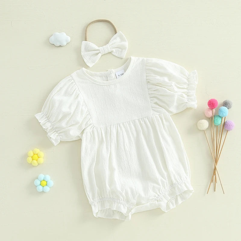 Baby Girls 2Pcs Summer Outfit Short Poof Sleeve Round Neck Solid / Floral Flowers Print Romper with Headband Bow Set Clothes