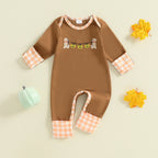 Baby Boys Halloween Romper Pumpkin Dog Embroidery Long Sleeve Round Neck Plaid Jumpsuit