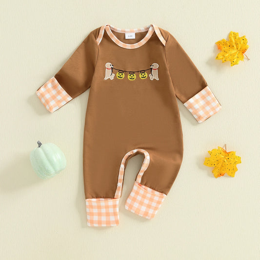 Baby Boys Halloween Romper Pumpkin Dog Embroidery Long Sleeve Round Neck Plaid Jumpsuit