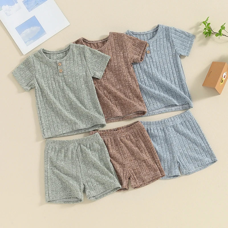 Baby Toddler Boy Girl 2Pcs Summer Clothes Plain Color Ribbed Knit Short Sleeve Button Top Elastic Waist Shorts Set Casual