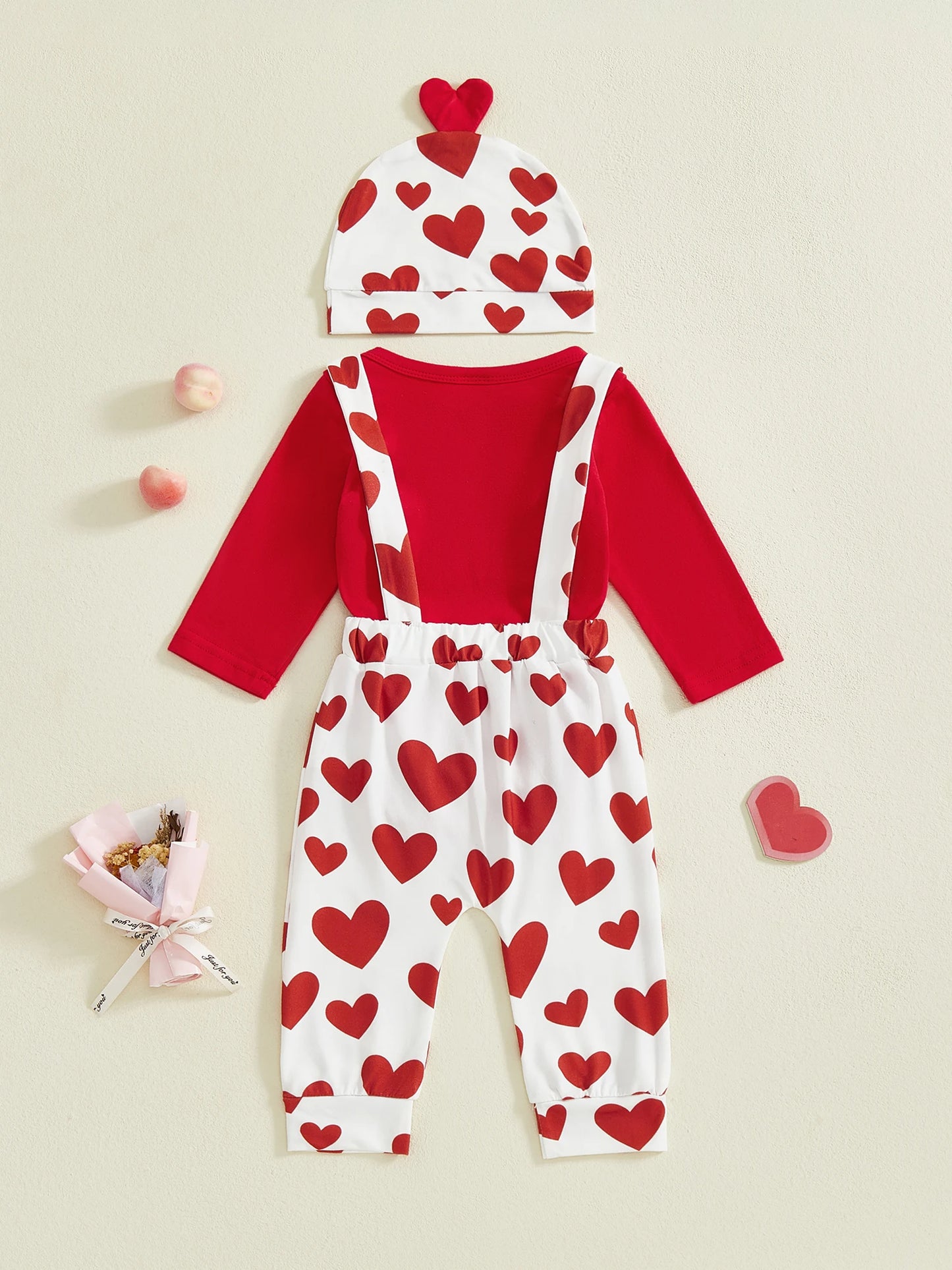 Baby Boys Girls 3Pcs My First Valentine's Day Outfit Heart Long Sleeve Romper Suspender Pants and Hat 3 Piece Set