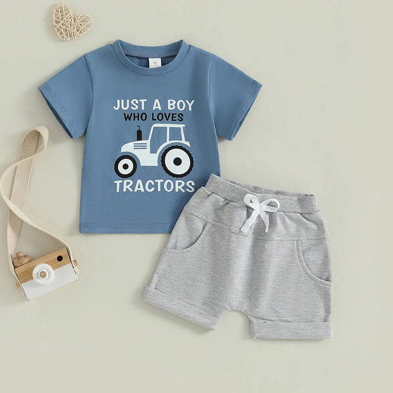 Baby Toddler Boys 2Pcs Summer Outfit Just A Boy Who Loves Tractors Letter Print Round Neck Short Sleeve Top with Solid Shorts Set