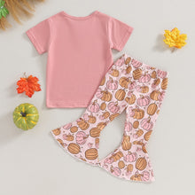 Load image into Gallery viewer, Baby Toddler Girls 2 Pcs Halloween Sets Short Sleeve Letter Pumpkin Print Tops Flared Pants Sets
