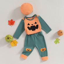 Load image into Gallery viewer, Baby Boys Girls 3Pcs Halloween Clothes Set Long Sleeve Pumpkin Jack O&#39;Lantern Face Print Romper +Pumpkin Print Long Pants and Hat Costume Outfit
