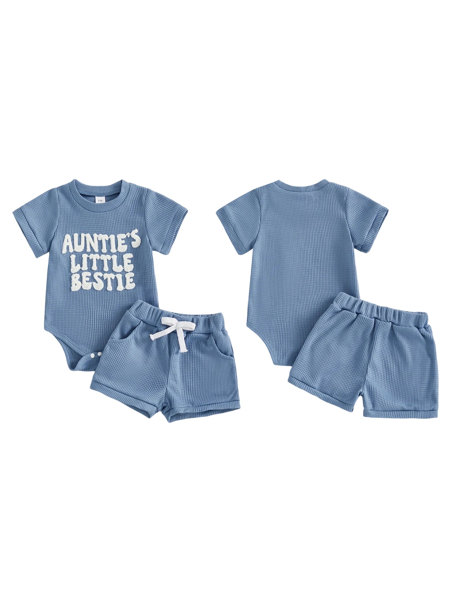 Baby Boy Girl 2Pcs Summer Clothes Mama's Boy / Auntie's Little Bestie Letter Embroidery Short Sleeve Romper Shorts 2 Pcs Outfit Set
