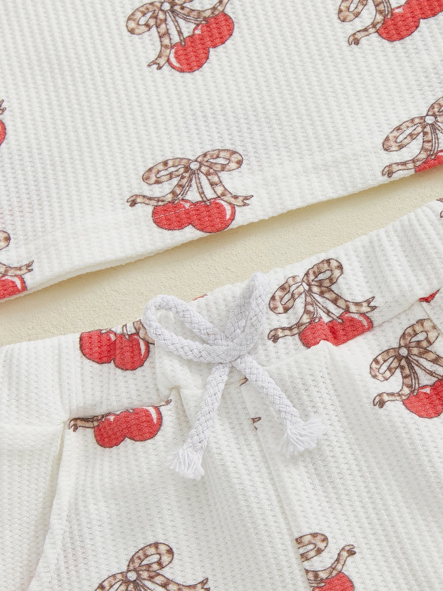 Baby Toddler Girls 2Pcs Outfits Fashionable Bow Cherry Print Short Sleeve Round Neck Top and Shorts Set