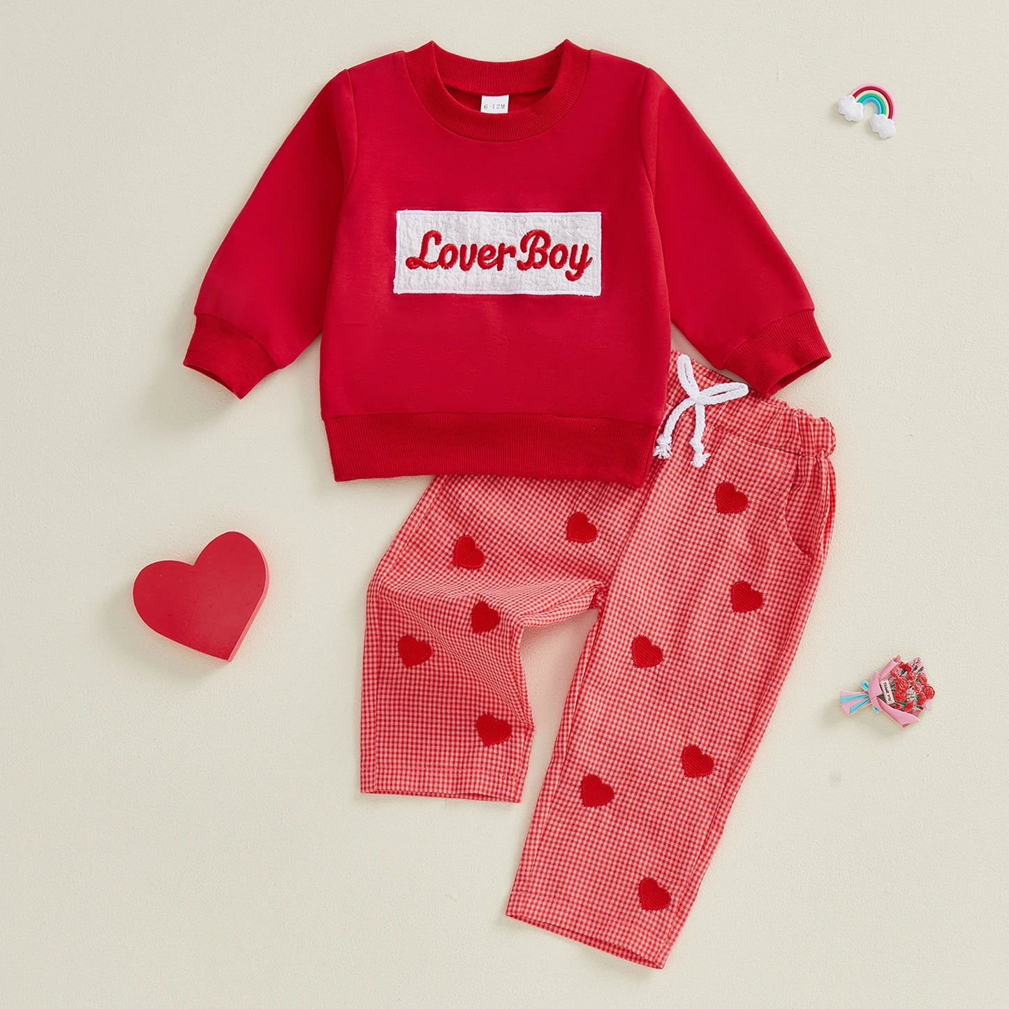 Baby Toddler Boys 2Pcs Lover Boy Valentine's Day Outfit Fashionable Long Sleeve Letters Embroidery Pullover with Plaid Heart Print Pants 2Pcs Clothing Set