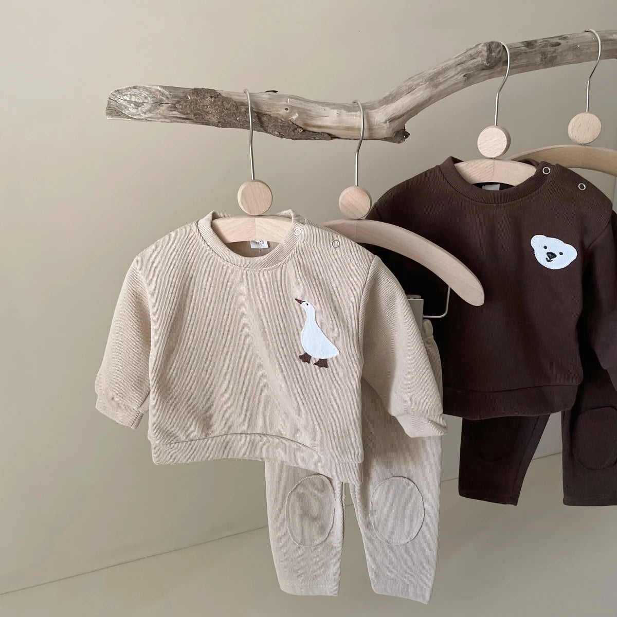 Baby Toddler Boys Girl 2Pcs Jogger Set Long Sleeve Goose / Bear Embroidery Cotton Top + Pants Outfit