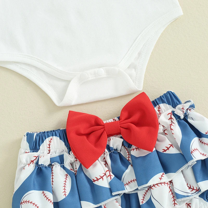 Baby Girl 3Pcs Little Sister Biggest Fan Outfit Letter Print Short Sleeve Romper Baseball Print Ruffles Shorts Skirt Bow Headband Clothes Set