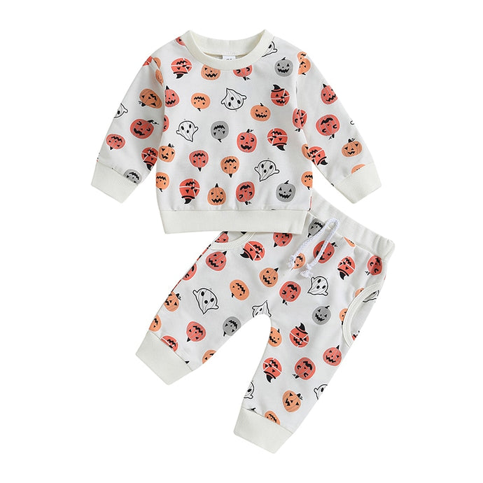 Baby Toddler Boy Girl 2Pcs Halloween Outfits Long Sleeve Pumpkin Ghost Print Top Pants Set