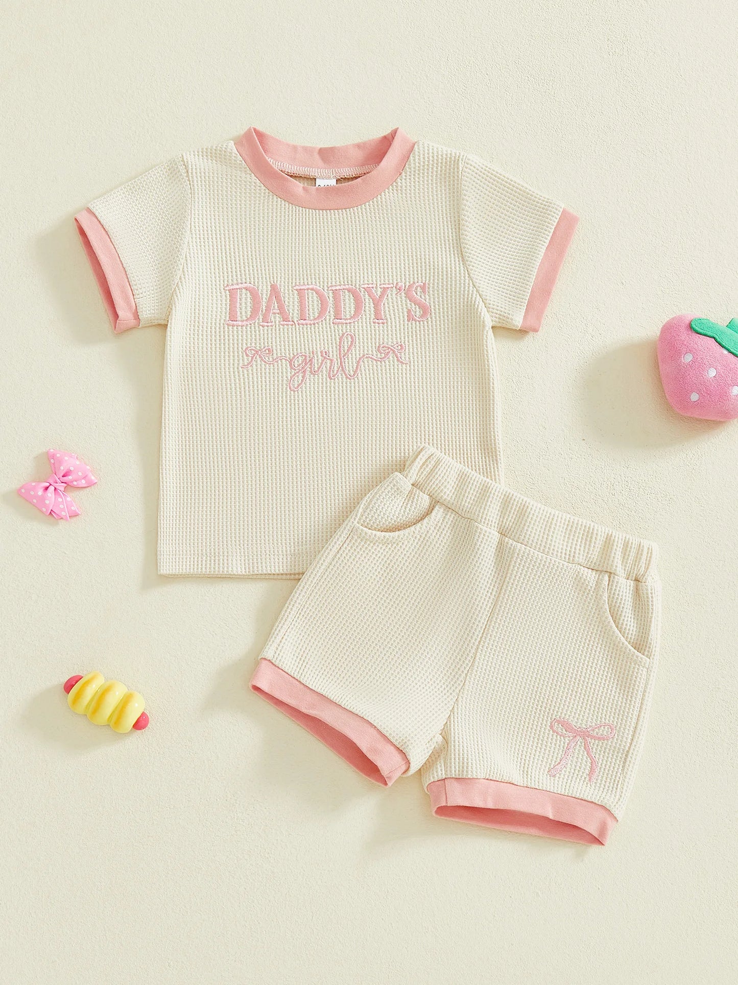 Baby Toddler Girls 2Pcs Daddy's Girl Clothing Set Cute Short Sleeve Letters Embroidery Top with Bow Shorts 2Pcs Outfit